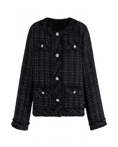 Nobby Collarless Grid Tweed Jacket in Black