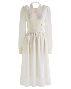 Knit Spliced Halter Neck Sheer Midi Dress in Cream