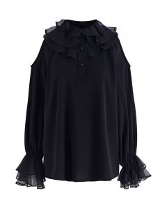 Tiered Ruffle Cold-Shoulder Chiffon Top in Black
