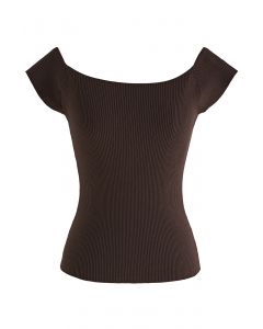Boat Neck Rib Knit Crop Top in Brown