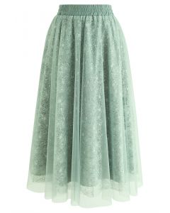 Sequined Floral Lace Mesh Tulle Skirt in Mint