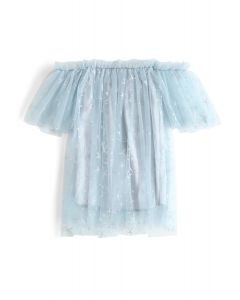 Stars Shining Out Mesh Off-Shoulder Tunic in Light Blue For Kids
