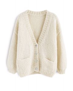 Pause for the Cozy Chunky Hand Knit Cardigan in Cream