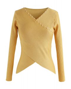 Pearls Lover Wrapped Knit Top in Yellow