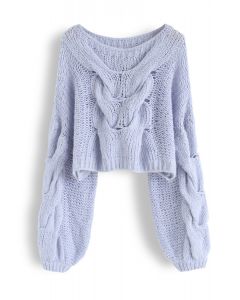 Hand-Knit Puff Sleeves Sweater in Blue