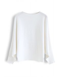 Boat Neck Batwing Sleeves Crop Knit Top in White