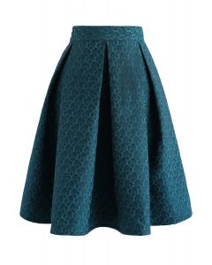 Turquoise Rose Jacquard Pleated Midi Skirt