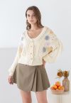 Stitched Flowers Braided Hand Knit Cardigan in Cream