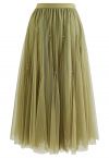 Crystal Embellished Solid Color Tulle Skirt in Moss Green