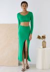 Knitted Crop Top and High Slit Maxi Skirt Set in Green