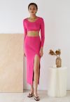 Knitted Crop Top and High Slit Maxi Skirt Set in Hot Pink