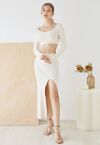 Knitted Crop Top and High Slit Maxi Skirt Set in Ivory