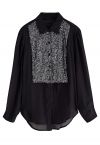 Sparkling Sequin Embellished Button Down Shirt in Black