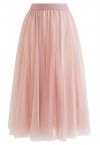 Venus Glitter Mesh Tulle Midi Skirt in Pink