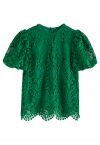 Scallop Edge Bubble Sleeve Crochet Top in Green