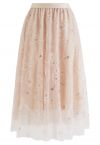 Sequined Embroidered Paisley Mesh Midi Skirt in Apricot