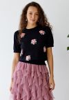 Pink Stitch Flower Short Sleeve Knit Top in Black