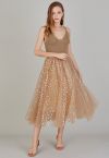 Iridescent Hearts Mesh Tulle Midi Skirt in Tan