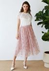 Metallic Embroidered Floret Mesh Midi Skirt in Dusty Pink