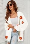 3D Stitch Flower Open Front Knit Cardigan in White