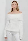 Folded Off-Shoulder Fuzzy Knit Sweater in White