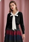Ruffle Tie-Bow Wool-Blend Buttoned Top in Black