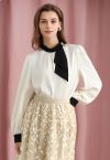 Contrast Ribbon Embellished Satin Top in Ivory