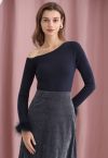 One-Shoulder Feathered Cuffs Knit Top in Navy