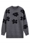 Contrast Flower Pattern Knit Sweater in Smoke