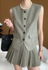 Button Front Vest Blazer and Pleated Mini Skirt Set in Grey