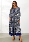 Blossoming Day Watercolor Pleated Maxi Dress in Navy