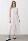 Tiered Mesh Spliced Sleeveless Maxi Dress in White