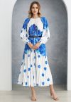 Blossoming Day Watercolor Pleated Maxi Dress in Blue