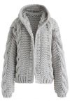 All-Over Warmth Hooded Chunky Cardigan in Grey