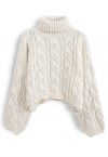 Turtleneck Braid Knit Crop Sweater in Sand