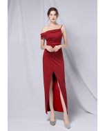 Single Strap Front Slit Gown in Burgundy