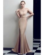 Beaded Waist Crisscross Open Back Cami Gown in Champagne
