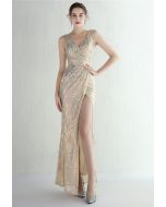 Multi-Color Sequins V-Neck High Slit Gown in Gold