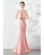 Beaded Waist Crisscross Open Back Cami Gown in Pink