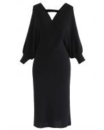 Batwing Sleeves Wrapped Knit Midi Dress in Black