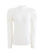 Mock Neck Bubble Sleeves Knit Top in White