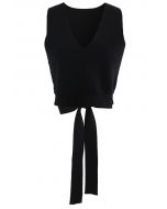 Bowknot Back V-Neck Crop Knit Vest in Black