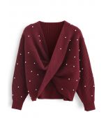 Twist Front Pearl Rib Knit Sweater in Wine