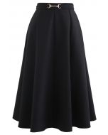 Horsebit Waist Seam Detail Flare Skirt in Black