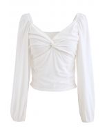 Twist Front Shirred Back Crop Top in White