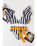 Black and White Stripe Ruffle Bowknot Bikini Set