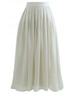 Shimmer Breeze Pleated A-Line Midi Skirt in Pea Green