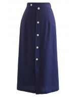 Button Embellished Slit Front Midi Skirt in Navy
