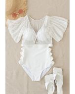 Detachable Bra and Lacy Swimsuit Set in White
