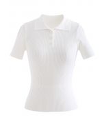 Triple Buttons Short Sleeve Fitted Knit Top in White